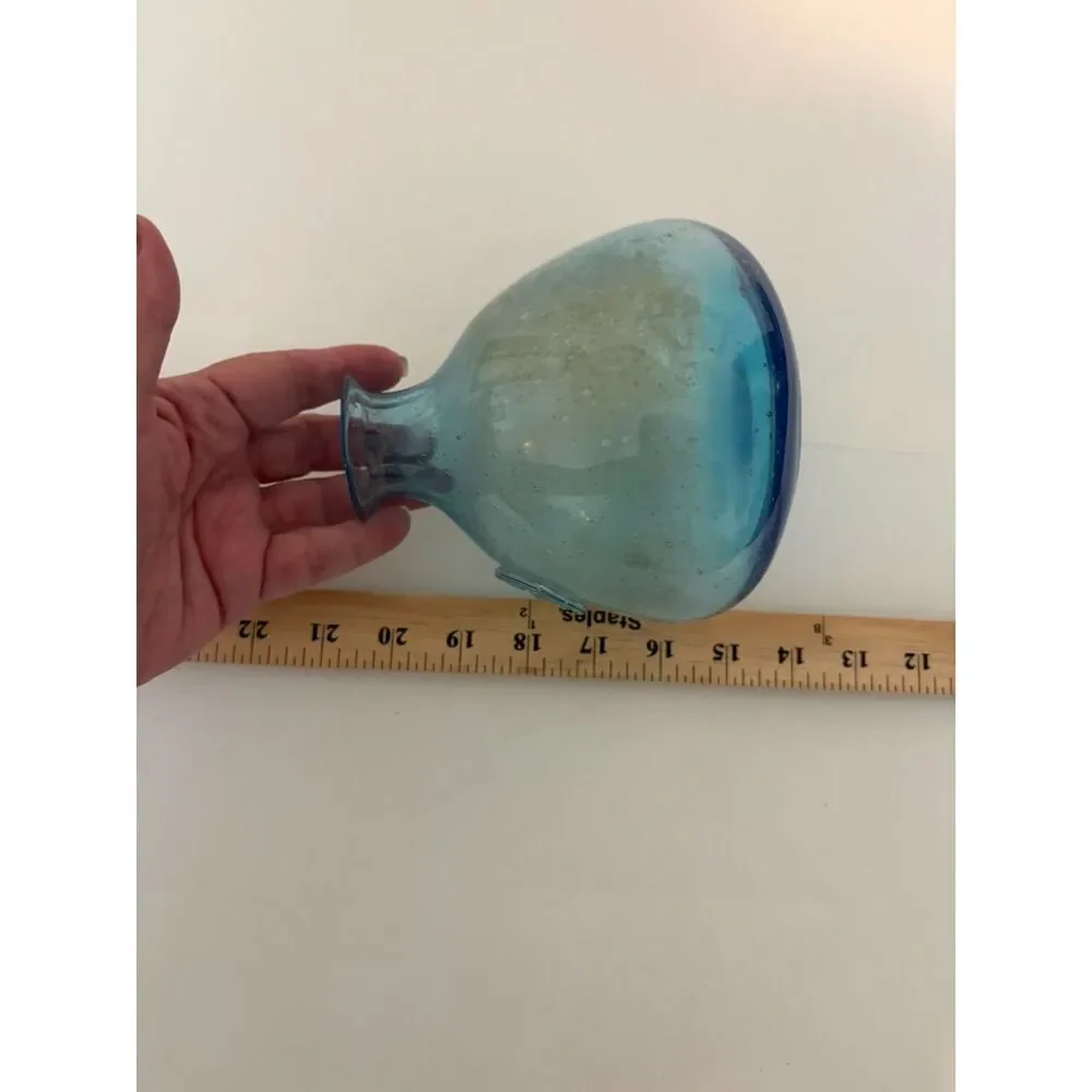 Hand blown aquamarine blue bubble glass vase with applied medallion